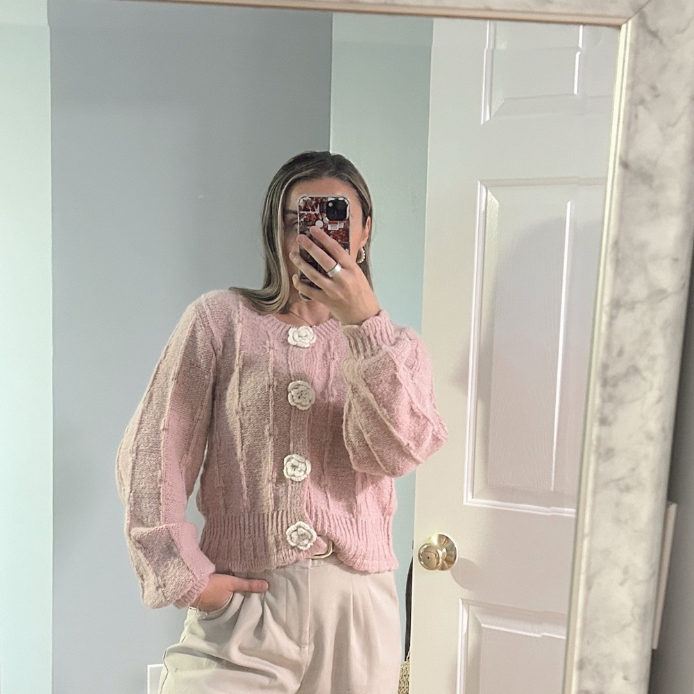 Pink Cable Knit Cardigan with Floral Buttons - Picture 2 of 2